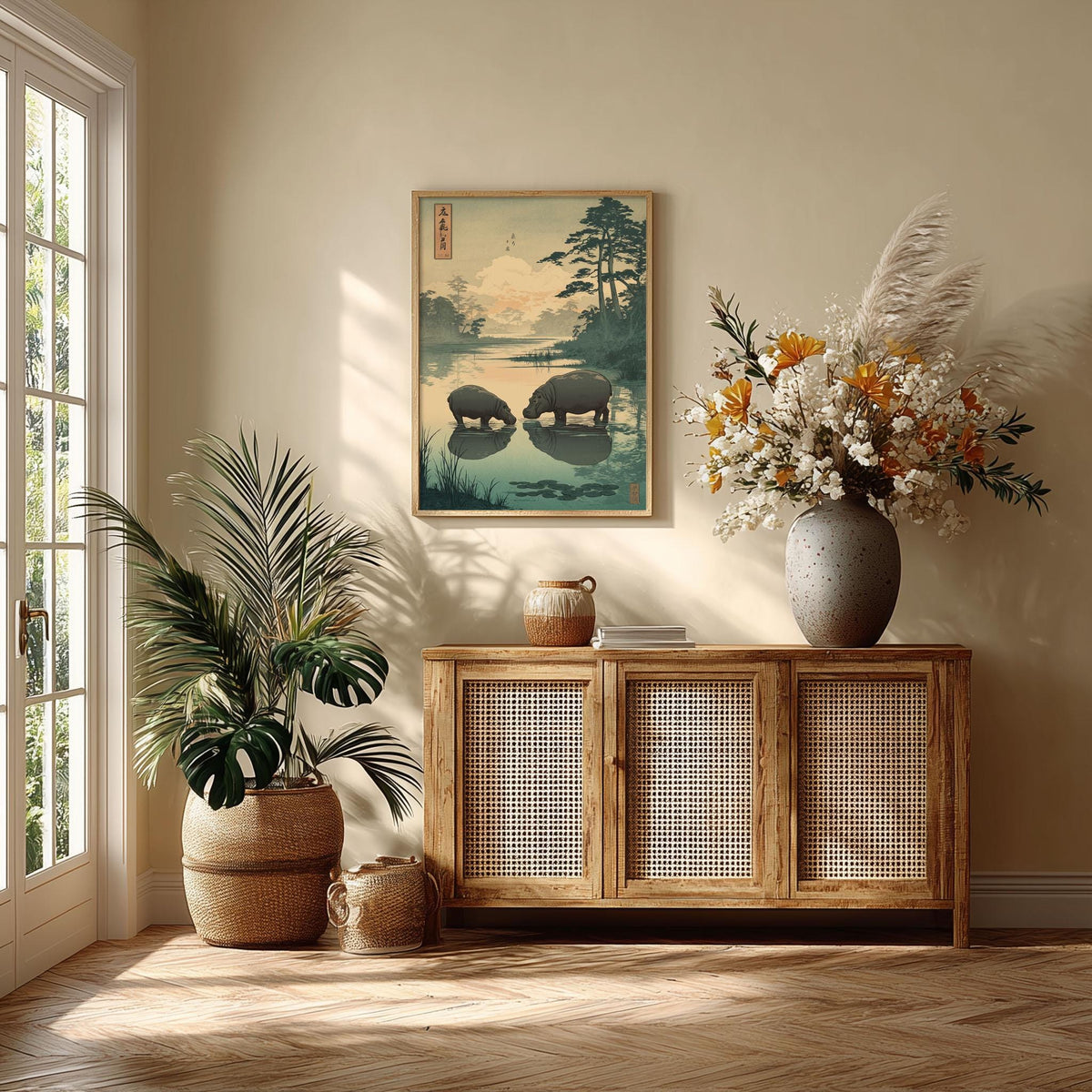 Peaceful Hippo Poster, Japanese Landscape Print, Woodland Wall Art