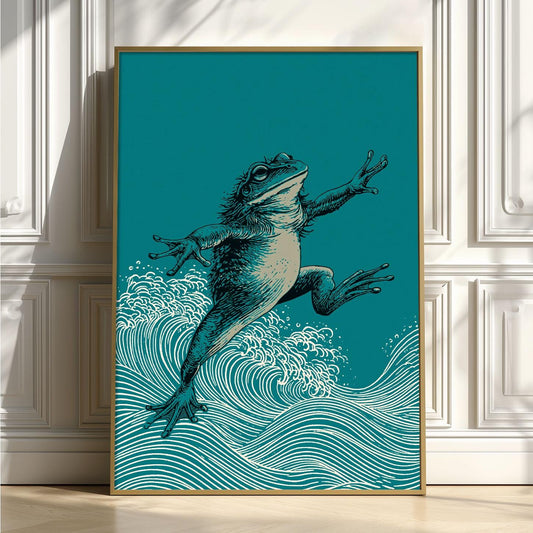Leaping Frog Poster, Japanese Wave Print, Teal Pond Wall Art