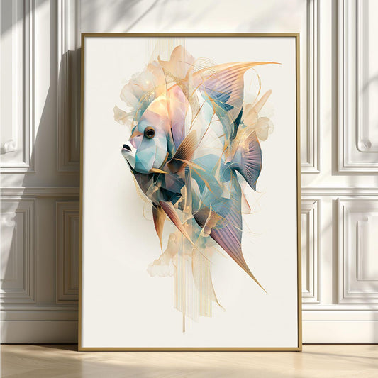 Abstract Blue Angelfish Print, Coastal Marine Life Wall Art Poster