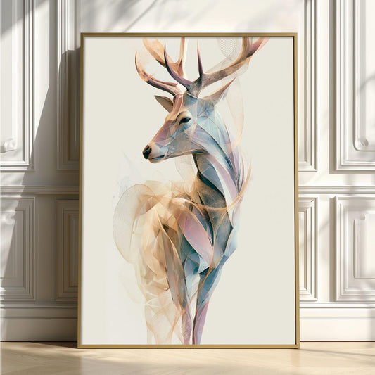 Stag Wall Art Print, Abstract Geometric Deer Poster, Woodland Animal Art, Rustic Cabin Decor, Modern Nature Wall Decor