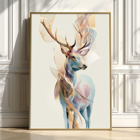 Abstract Geometric Stag Print, Woodland Animal Art, Pastel Nature Wall Decor
