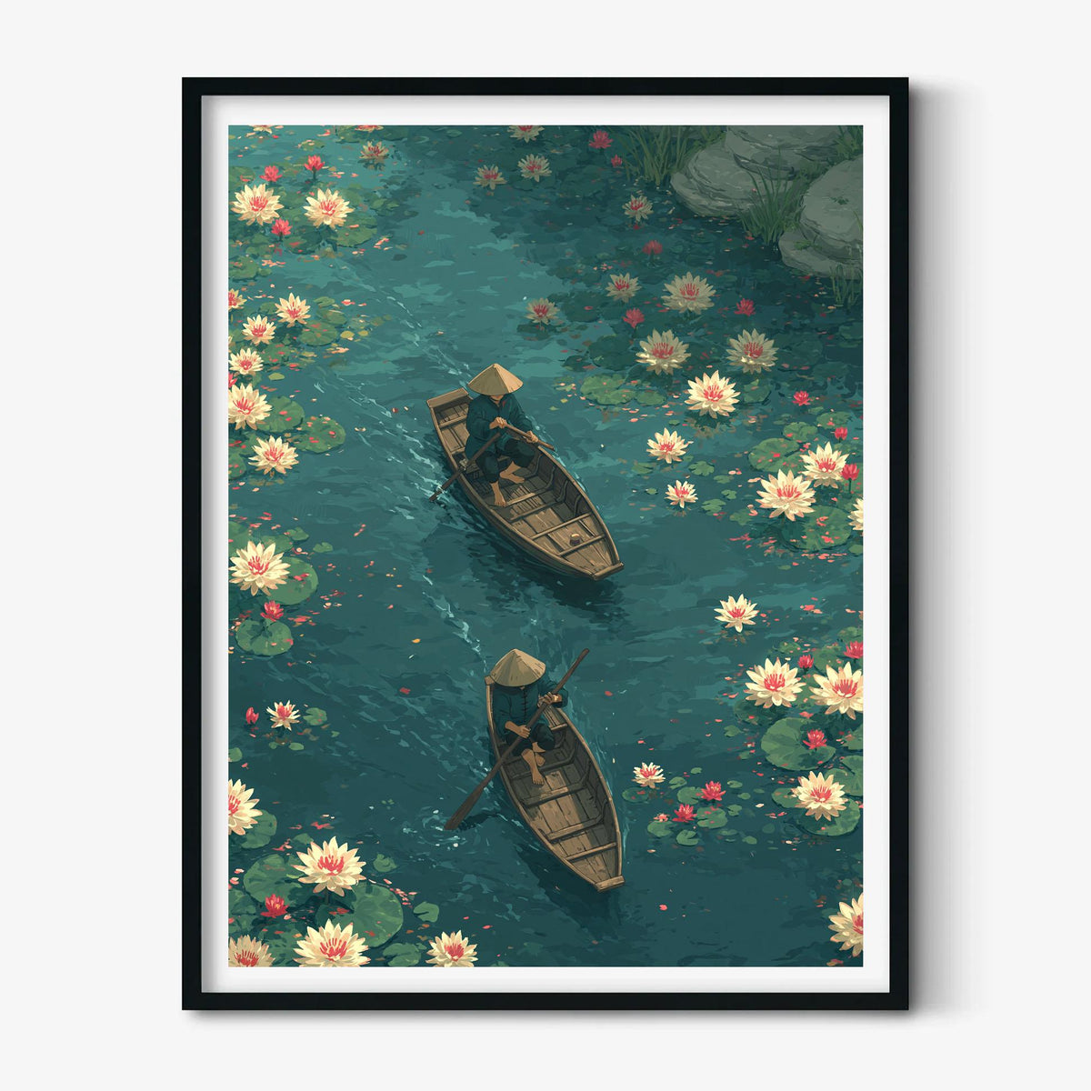 Koi Pond Poster Print, Japanese Garden Wall Art, Lotus Flower Picture, Boat Scene Wall Decor