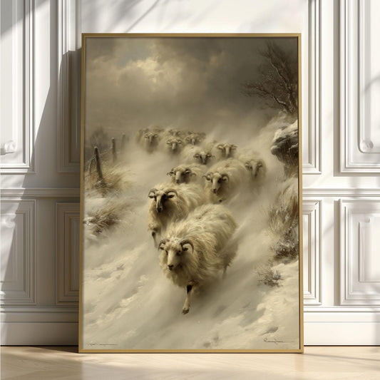 Snowy Sheep Print, Winter Farmhouse Wall Art, Rustic Cottage Decor