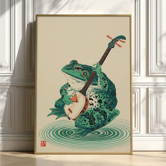 Japanese Frog Playing Banjo Print, Zen Forest Wall Art, Woodland Nature Decor