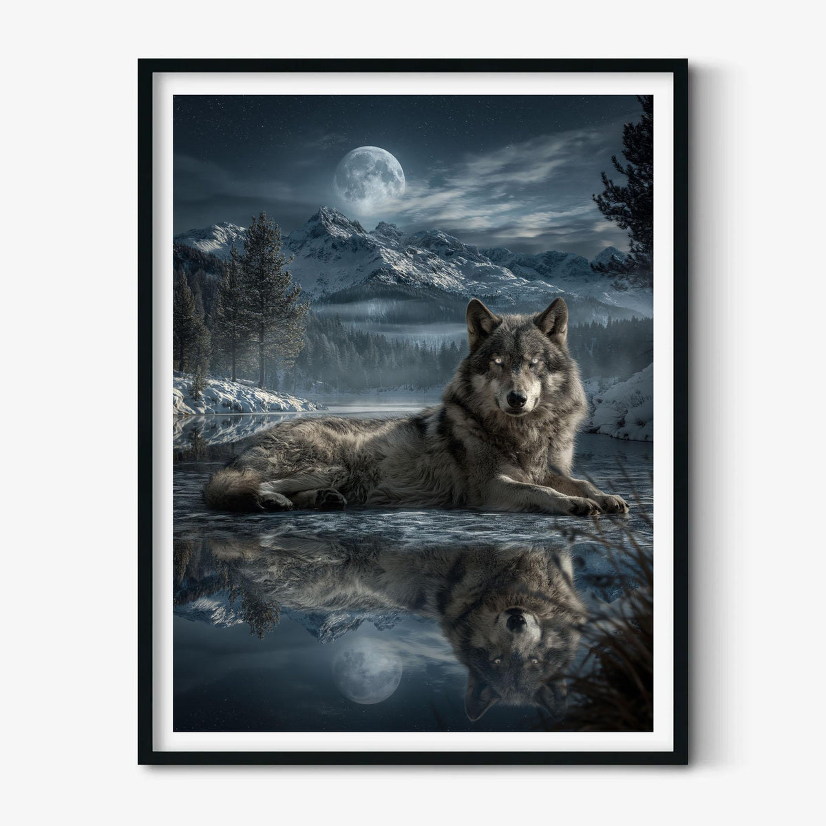 Moonlit Wolf Poster Print, Snowy Mountain Wall Art, Grey Wolf Picture, Wildlife Cabin Decor