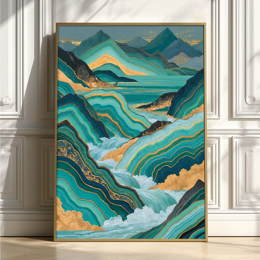 Gold Teal Landscape Poster Print, Abstract Mountain Wall Art, Lake Picture, Living Room Decor
