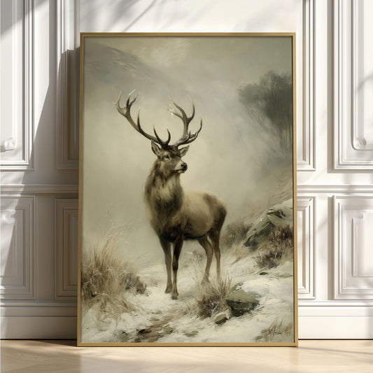 Snowy Deer Poster Print, Stag Wall Art, Winter Mountain Picture, Rustic Cabin Decor