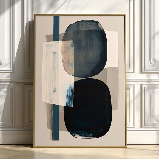 Minimalist Shape Poster Print, Navy Abstract Wall Art, Neutral Blue Picture, Living Room Decor