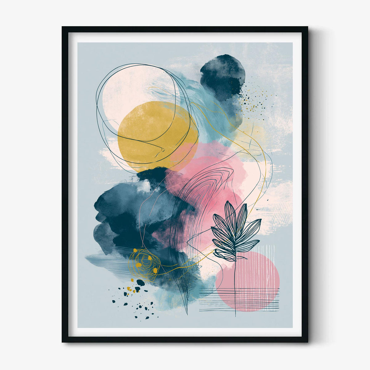 Abstract Botanical Print, Pink Yellow Blue Wall Art, Modern Leaf Line Picture, Bedroom Living Room Decor