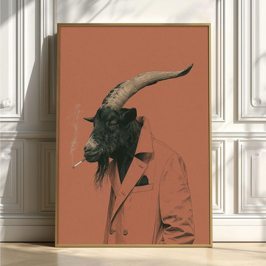 Funny Goat Poster Print, Smoking Goat Wall Art, Quirky Animal Portrait, Pink Rustic Farmhouse Bar Decor