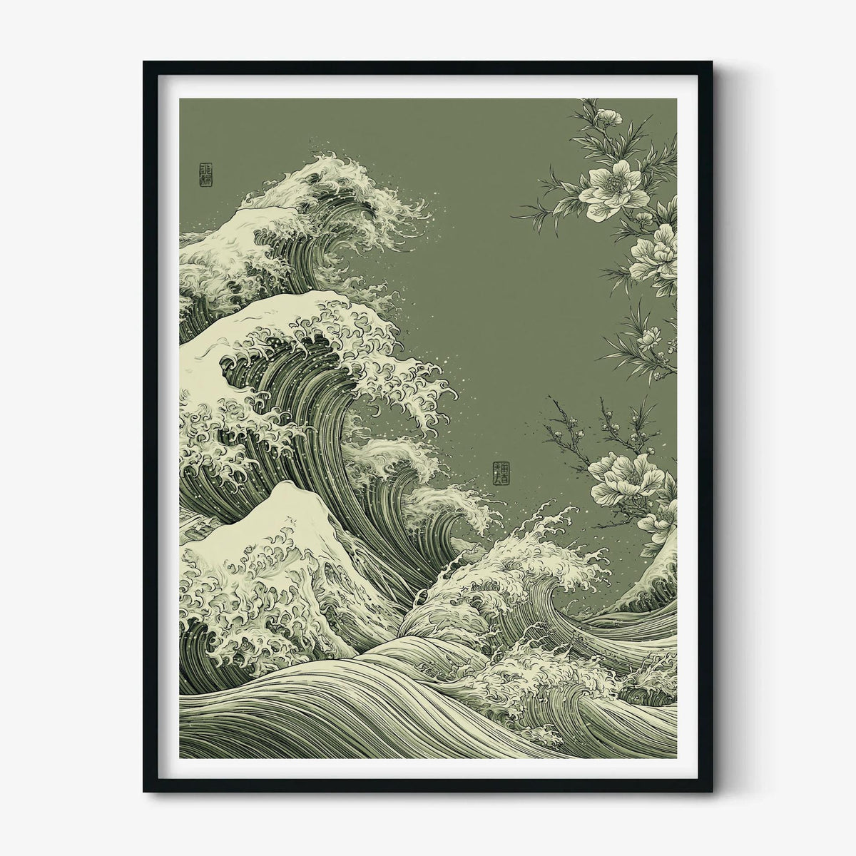Ocean Wave Japanese Poster, Green Sea Illustration, Floral Art Print