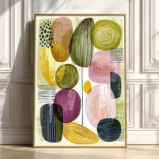 Geometric Mid Century Poster, Green Purple Illustration, Retro Wall Art