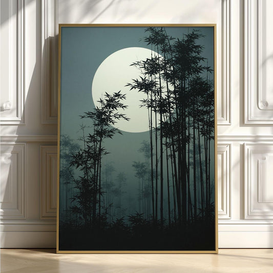 Bamboo Forest Japanese Poster, Full Moon Picture, Dark Zen Art Print