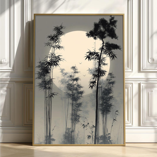 Japanese Bamboo Forest Poster, Misty Moon Illustration, Asian Picture