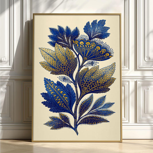 Blue Gold Botanical Print, Vintage Floral Wall Art Poster, Leafy Gallery Wall Decor