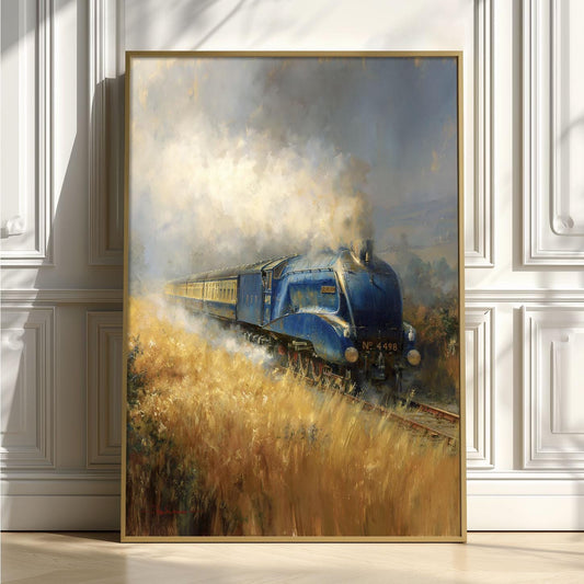 Blue Steam Train Print, Vintage Railway Wall Art Poster, Locomotive Landscape Decor