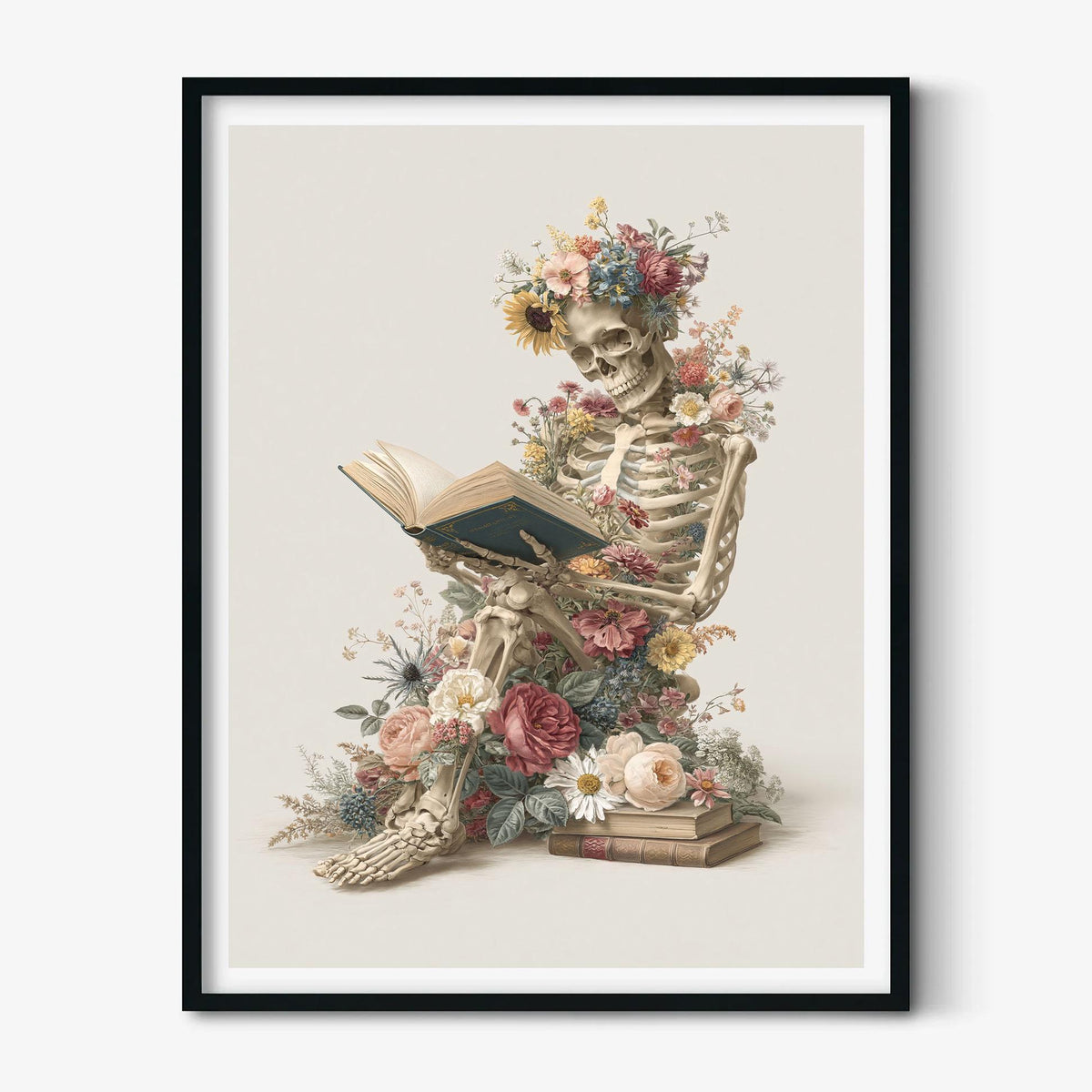 Floral Skeleton Print – Gothic Book Lover Poster | Dark Academia Wall Art