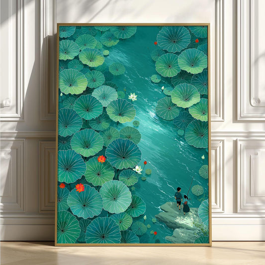 Lotus Pond Print, Green Water Lily Wall Art Poster, Peaceful Japanese Garden Decor