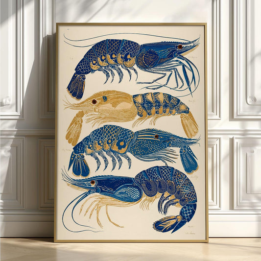 Blue Gold Prawn Print, Vintage Seafood Wall Art Poster, Coastal Kitchen Decor