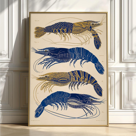 Blue Gold Shrimp Print, Vintage Seafood Wall Art Poster, Coastal Kitchen Decor