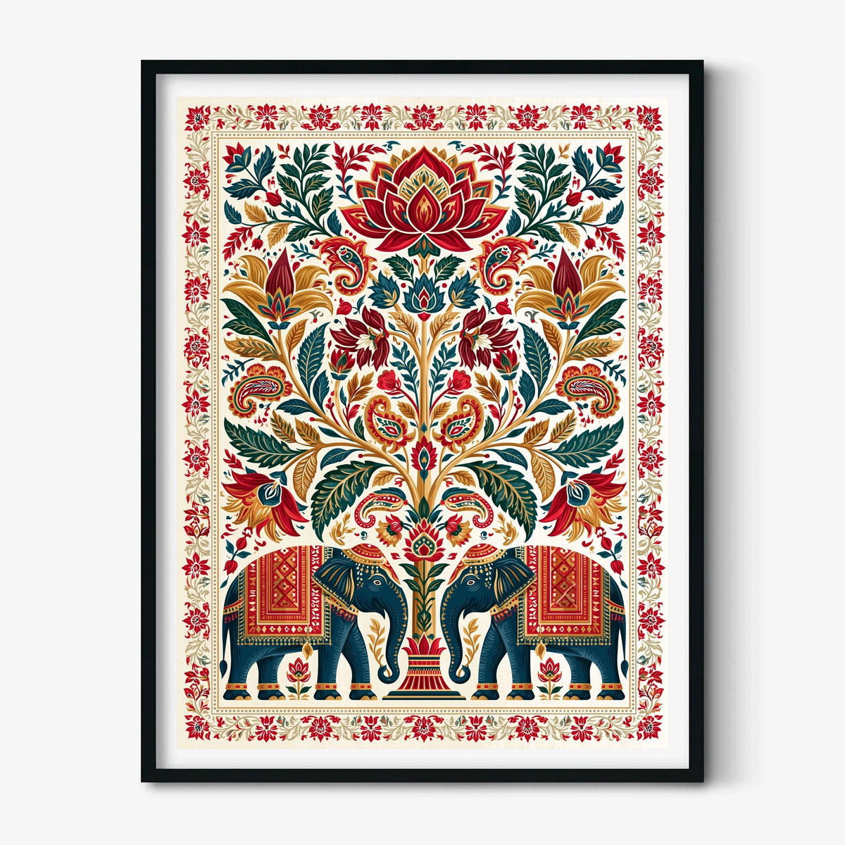 Indian Elephant Print, Boho Floral Wall Art Poster, Lotus Folk Art Decor