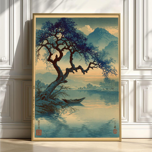 Japanese Tree Lake Print, Vintage Blue Landscape Wall Art Poster, Zen Mountain Decor