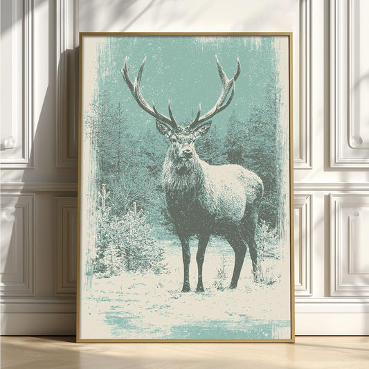 Stag Deer Print, Winter Forest Wall Art Poster, Rustic Woodland Decor