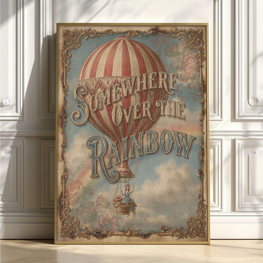 Somewhere Over Rainbow Print, Vintage Hot Air Balloon Wall Art, Whimsical Nursery Decor