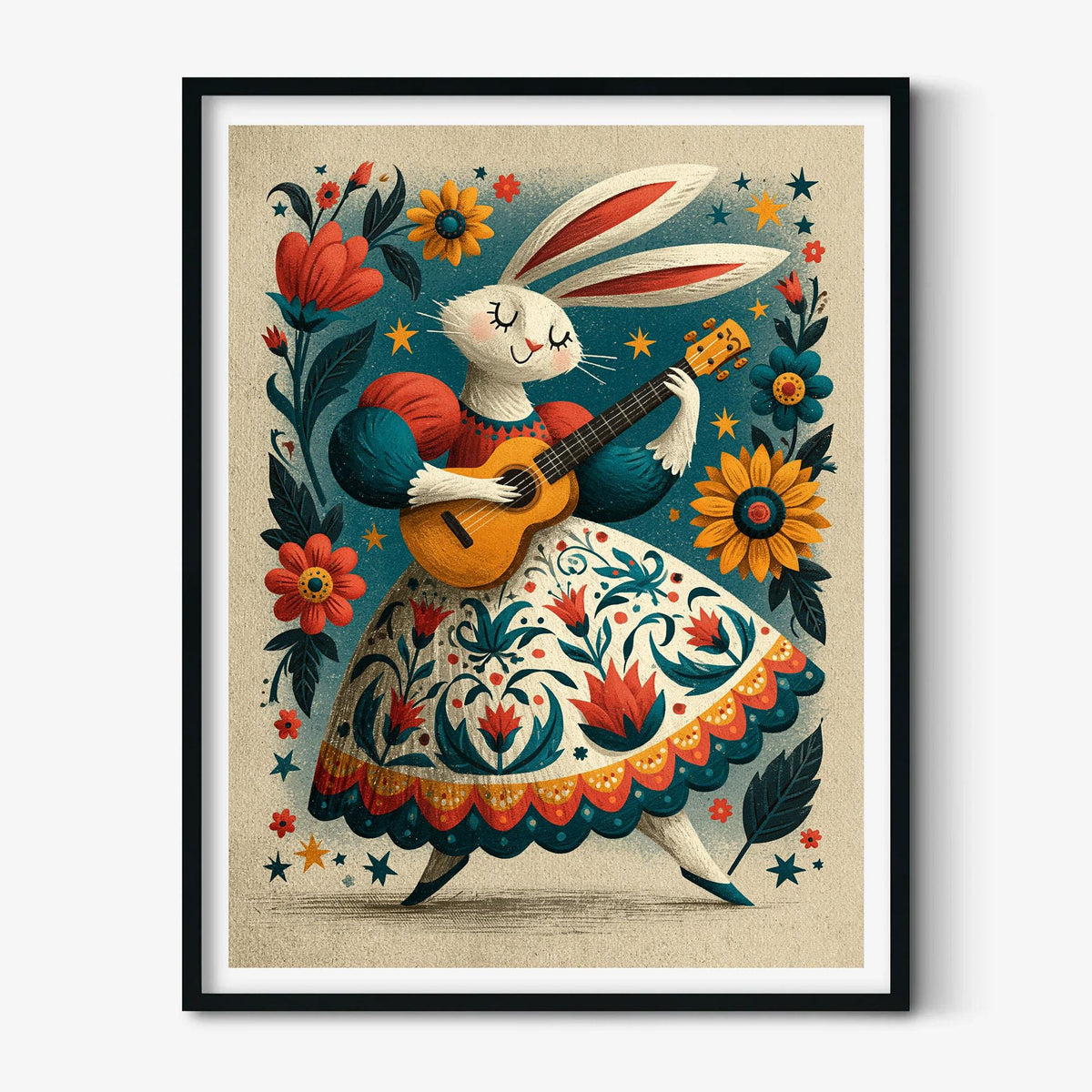 Rabbit Guitar Print, Folk Floral Wall Art Poster, Whimsical Nursery Decor