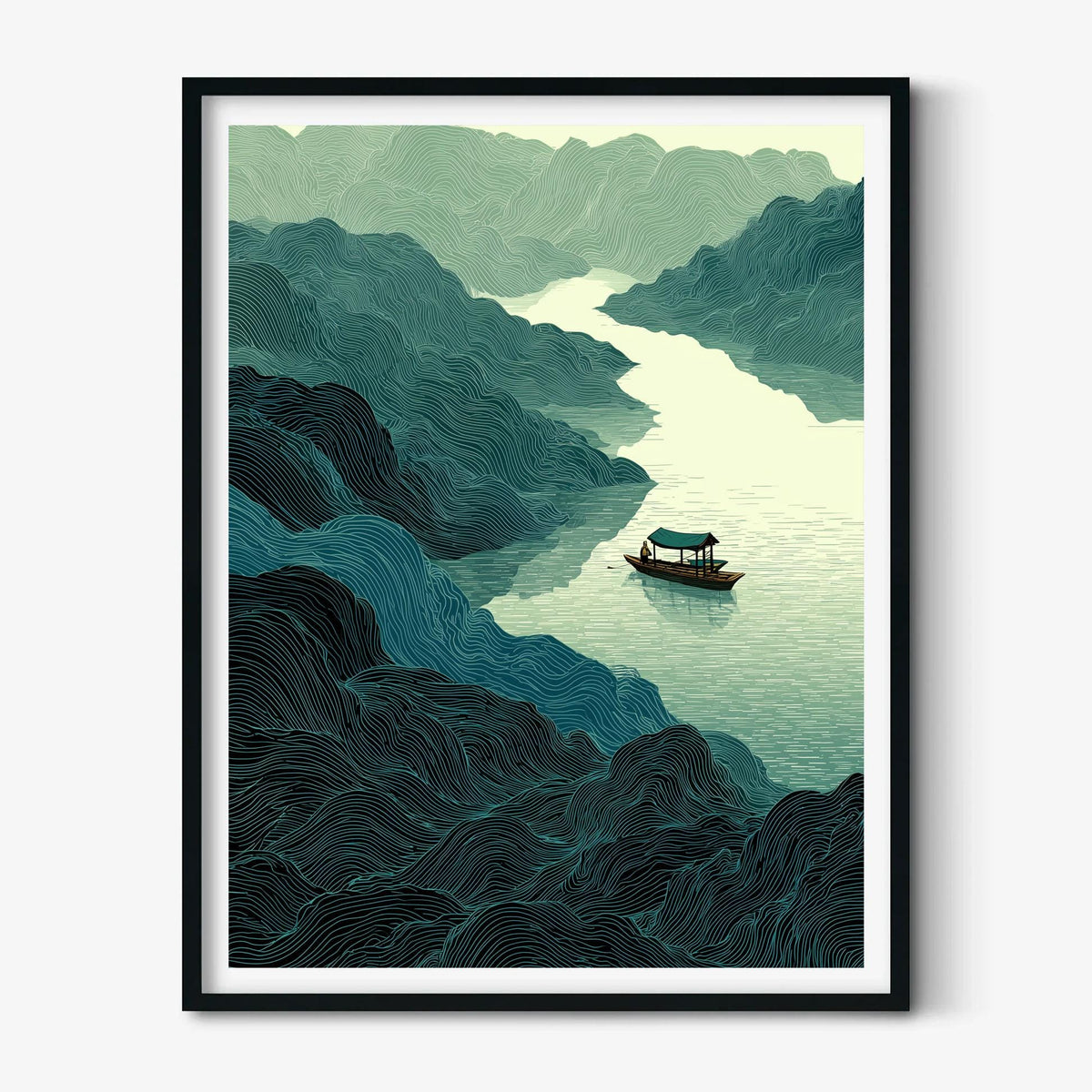 Mountain River Poster, Japanese Line Art Print, Peaceful Boat Wall Art