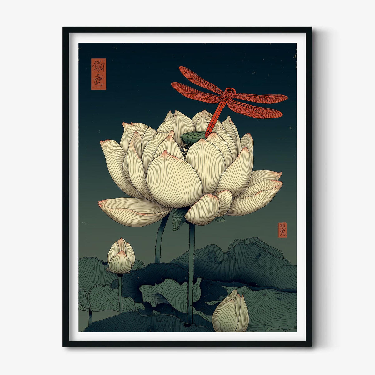 Lotus Dragonfly Poster, Japanese Botanical Print, Zen Floral Wall Art