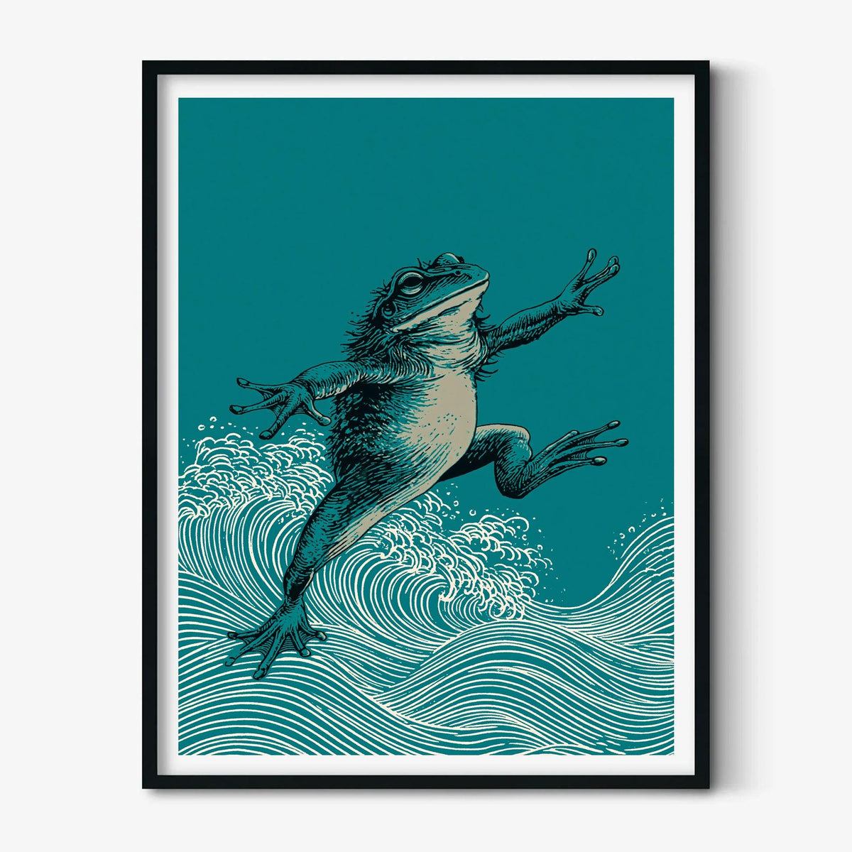 Leaping Frog Poster, Japanese Wave Print, Teal Pond Wall Art