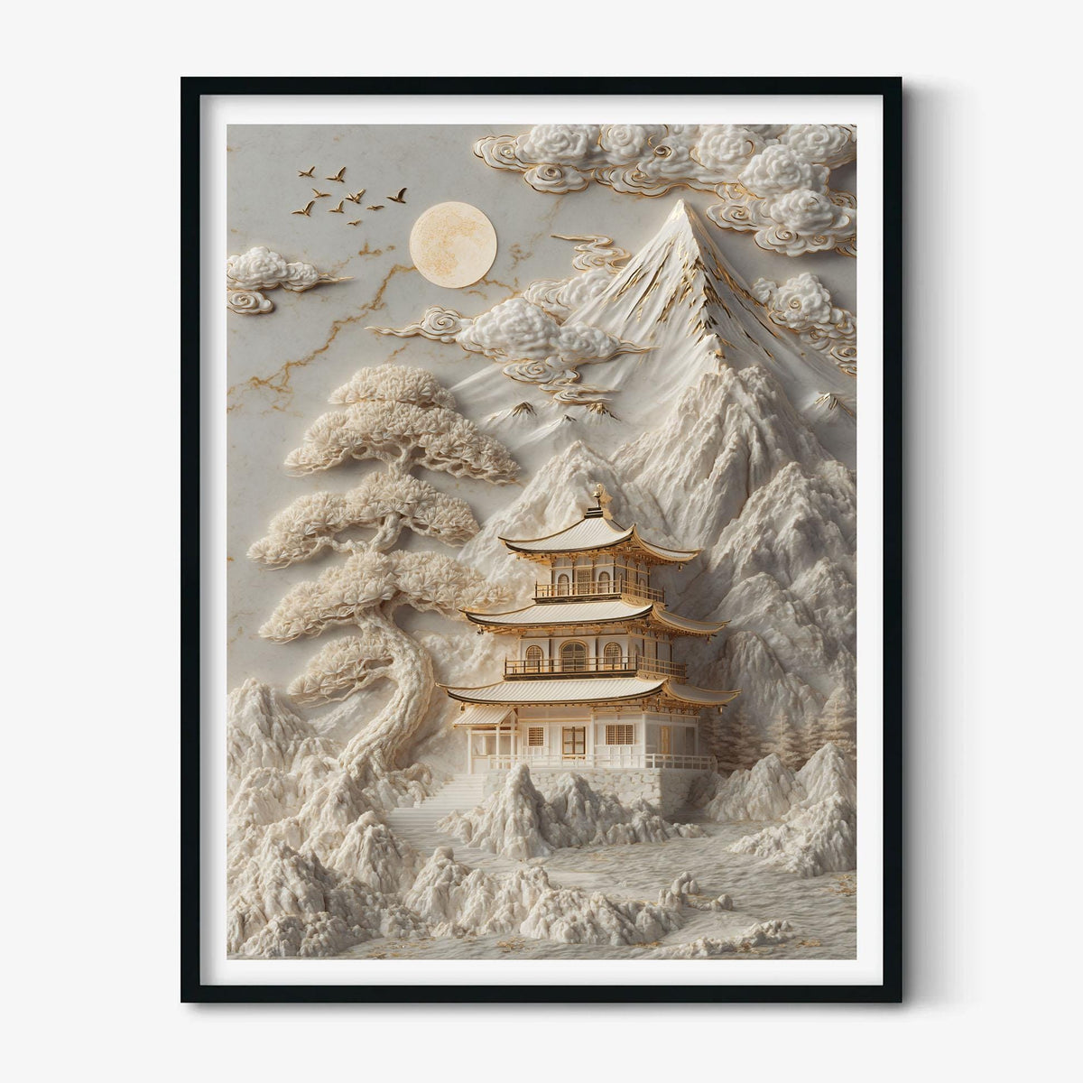 Golden Temple Poster, Japanese Landscape Print, White Mountain Wall Art