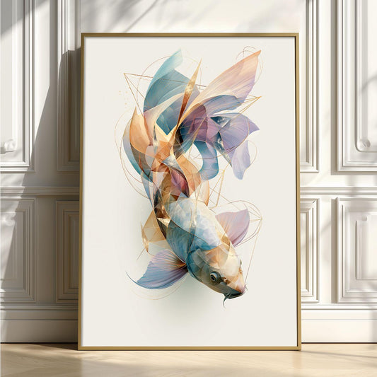 Geometric Koi Fish Print, Abstract Watercolour Wall Art, Coastal Ocean Decor