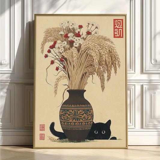 Black Cat Wall Art, Japanese Floral Poster Print, Vintage Vase Picture, Whimsical Botanical Decor