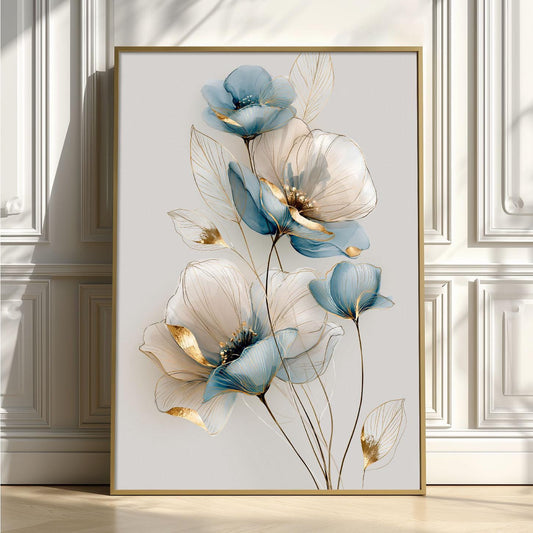 Soft Blue Floral Poster Print, Elegant Botanical Wall Art, Gold Line Flower Picture, Minimalist Bedroom Decor