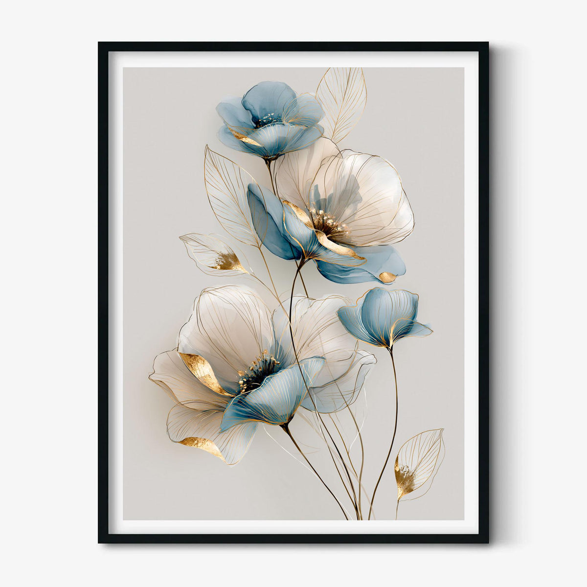 Soft Blue Floral Poster Print, Elegant Botanical Wall Art, Gold Line Flower Picture, Minimalist Bedroom Decor