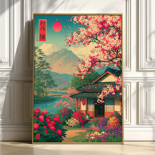 Cherry Blossom Poster Print, Japanese Garden Wall Art, Mountain Lake Picture, Japan Travel Decor