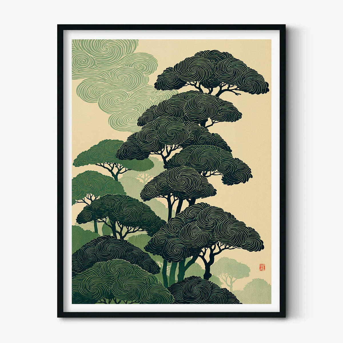 Japanese Pine Tree Forest Poster, Zen Green Asian Nature Wall Art Print