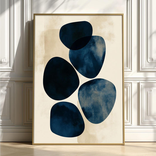 Navy Geometric Poster Print, Abstract Blue Wall Art, Minimalist Shape Picture, Neutral Home Decor