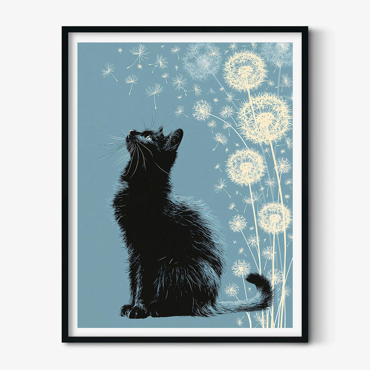 Black Cat Dandelion Print, Whimsical Feline Wall Art, Blue Floral Decor