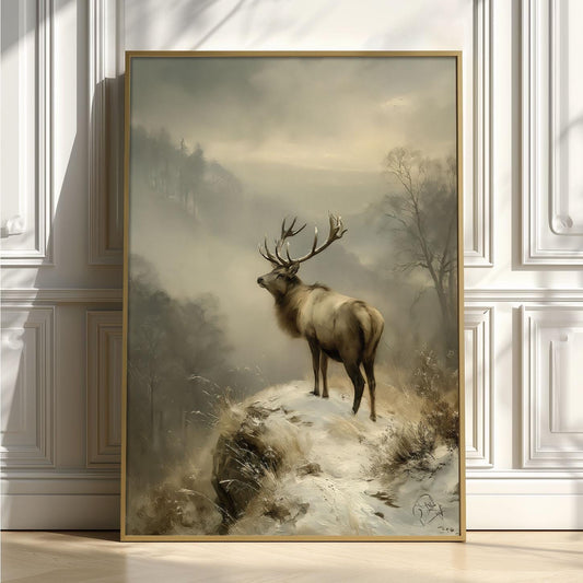 Winter Stag Wall Art, Snowy Deer Poster Print, Mountain Wildlife Picture, Rustic Cabin Decor