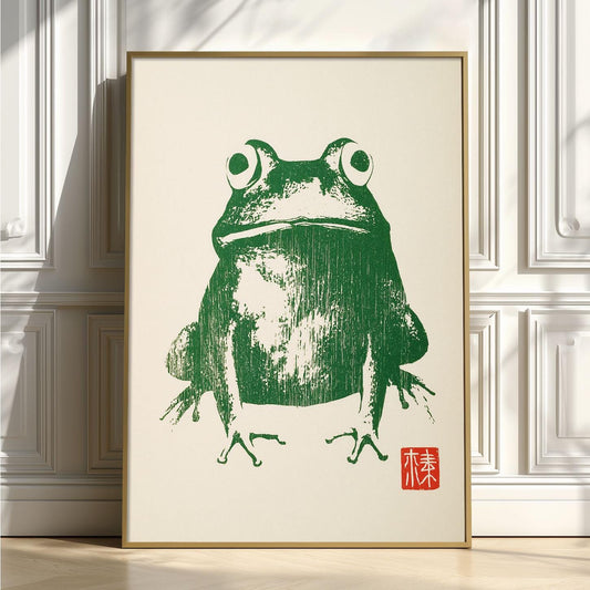 Green Frog Wall Art, Japanese Toad Print, Minimal Animal Picture, Kids Room Decor
