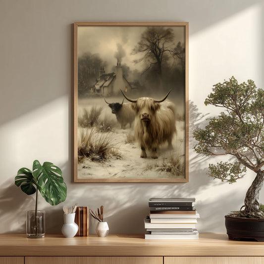 Highland Cow Wall Art, Scottish Cattle Poster Print, Snowy Farmhouse Picture, Rustic Cottage Decor