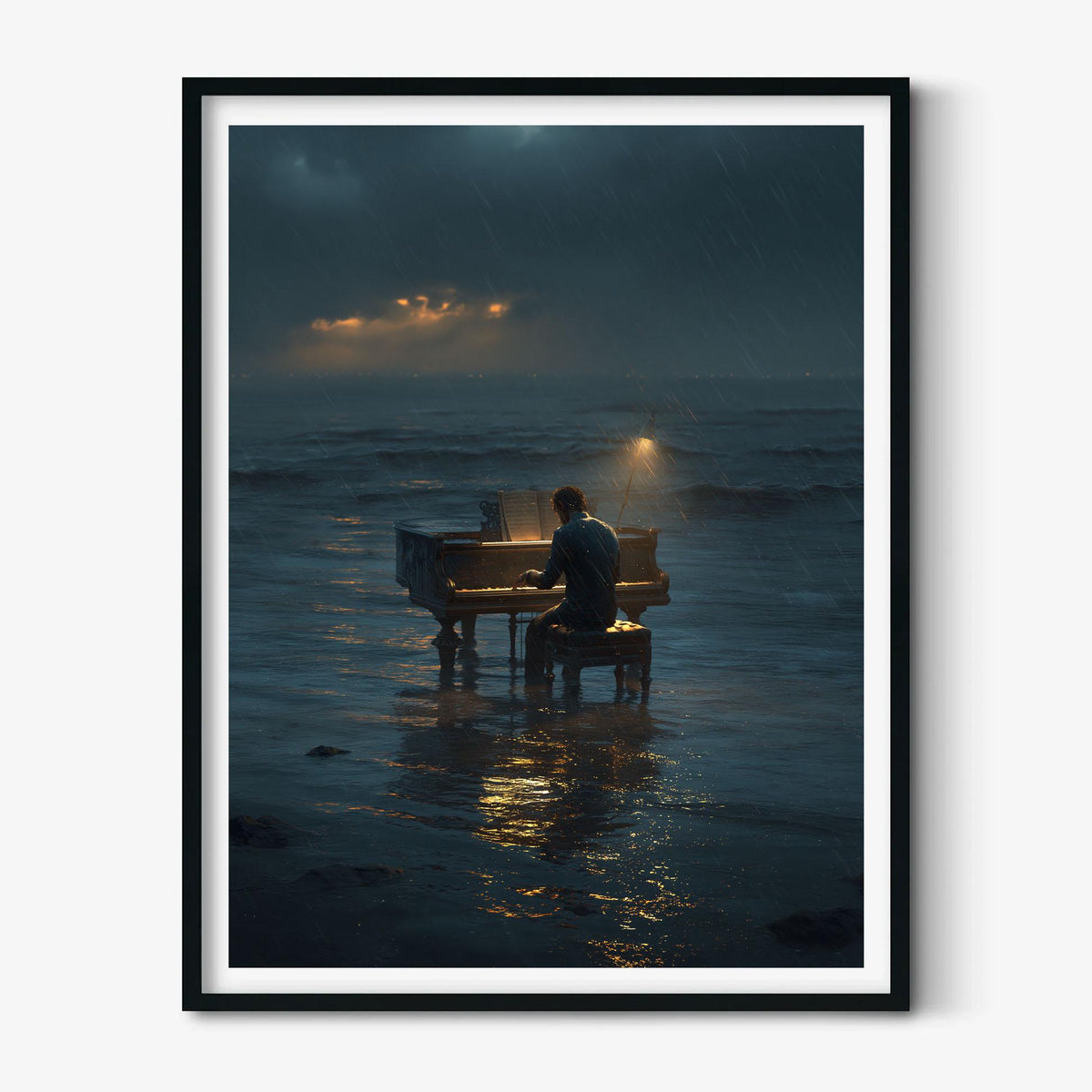 Piano Ocean Wall Art, Stormy Sea Music Print, Moody Pianist Poster, Rainy Night Seascape, Music Room Decor