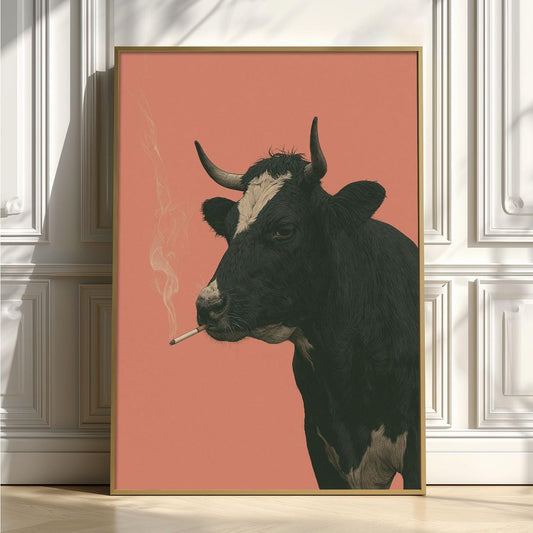 Smoking Cow Wall Art, Funny Cow Poster Print, Quirky Farm Animal Picture, Pink Farmhouse Kitchen Bar Decor