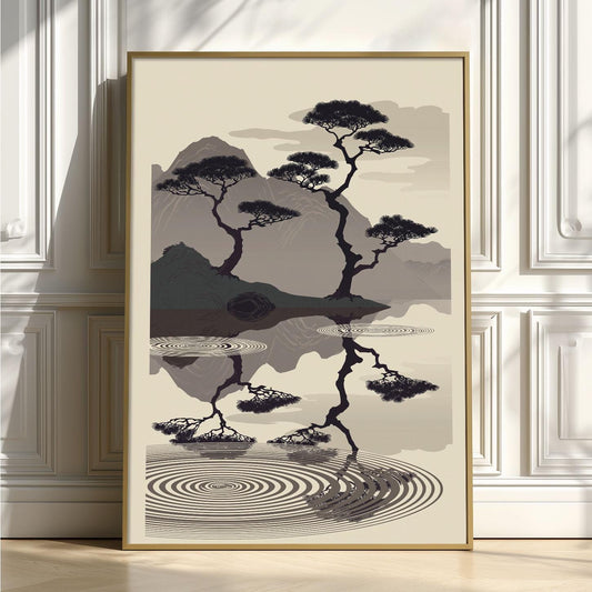 Minimalist Japanese Wall Artwork Print, Monochrome Landscape Poster, Reflective Mountain Decor