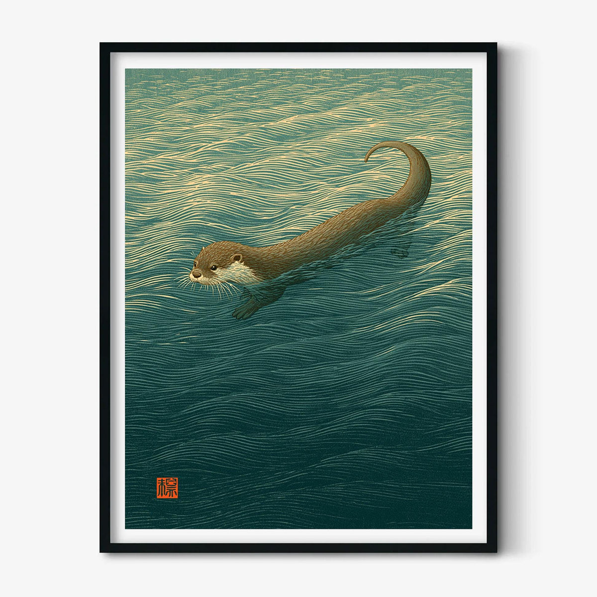 Otter Japanese Poster, Swimming Otter Print, Nature Picture