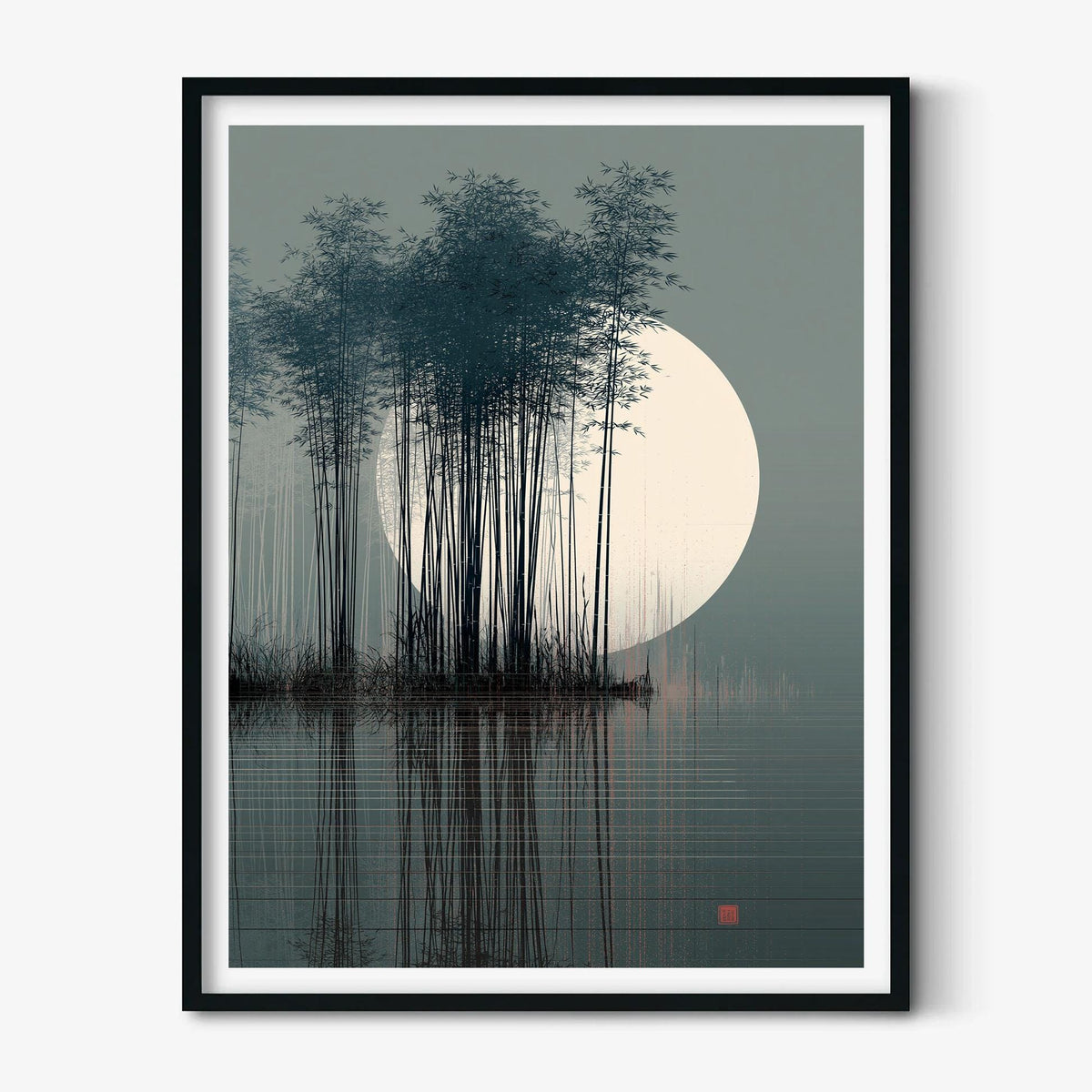 Bamboo Moon Japanese Poster, Misty Bamboo Illustration, Zen Wall Art