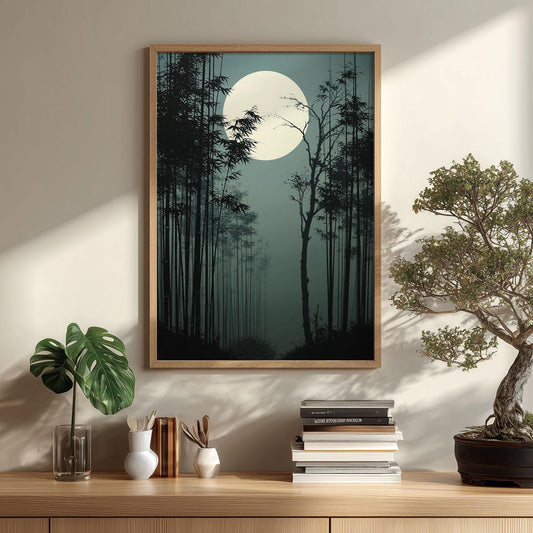 Bamboo Forest Japanese Print, Moonlit Bamboo Picture, Dark Zen Poster